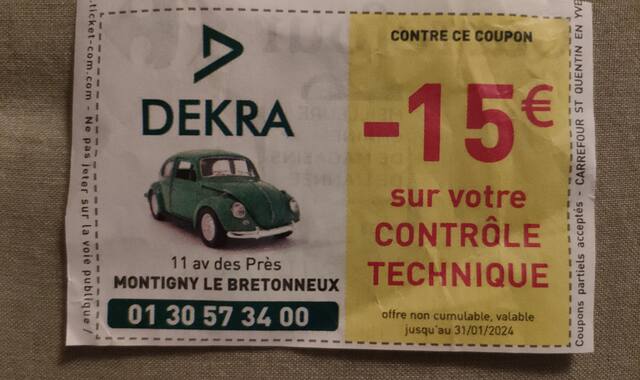 Auto-Moto réduction 15 € contrôle technique DEKRA Montigny