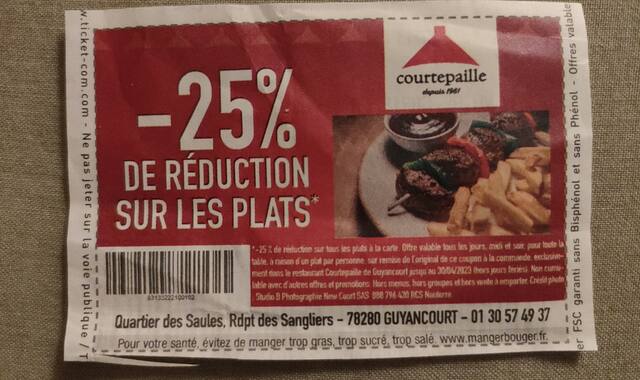 Divers coupon réduction 25 % restaurant Courtepaille Guyancourt