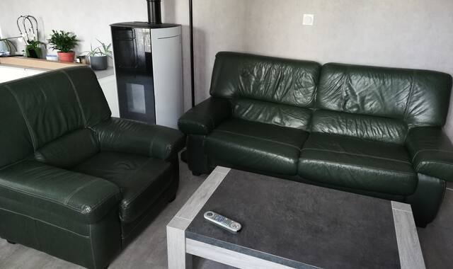 Mobilier canapé 3 places cuir vert et 1 fauteuil