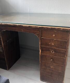Mobilier bureau en bois ancien avec support en verre