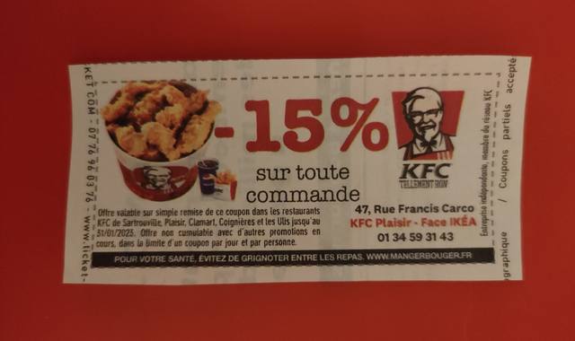 Divers coupon de réduction - 15% dans restaurants KFC