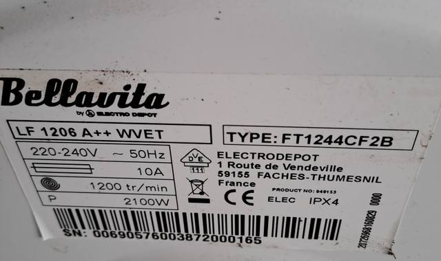 Electroménager machine à laver  Bellavita LF1206A ++ WVET 6KG 1200 T