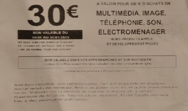 Electroménager coupon réduction 30€ Auchan sur 100 € d'achats