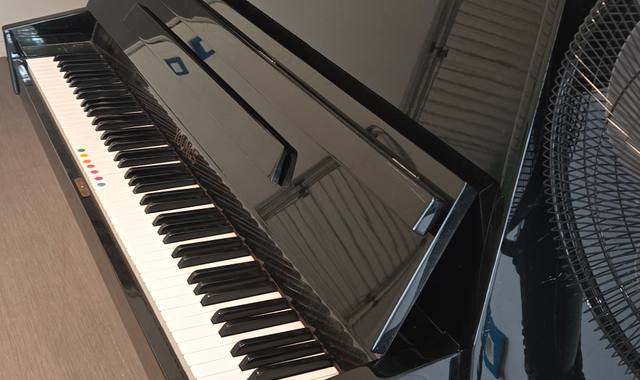 Instruments de musique piano droit d’étude de marque YOUNGS en finition laqué noir.