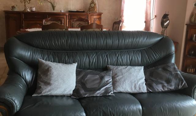 Meubles canapé cuir gris + 2 fauteuils