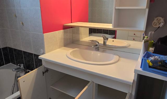 Meubles meuble de salle de bains avec lavabo, robinet, miroir, rayonnages, 3 portes