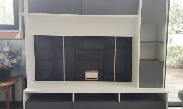 Meubles meuble parois télé moderne blanc et gris.