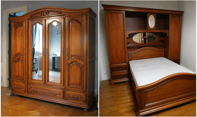 Meubles armoire« 4 portes et et 3 tiroirs bas + Lit pont merisier massif + lit