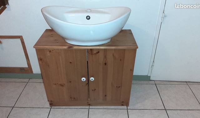Meubles meuble sous lavabo en pin massif + vasque + mitigeur