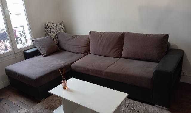 Meubles cANAPE en L, 270cm, marron clair, confortable mais traces d'usure
