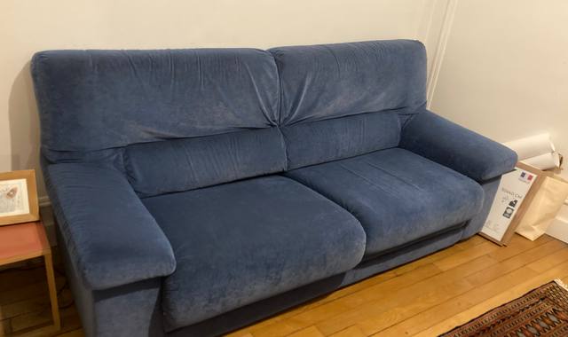 Meubles canapé bleu velours 150cm d'assise, 2m de largeur