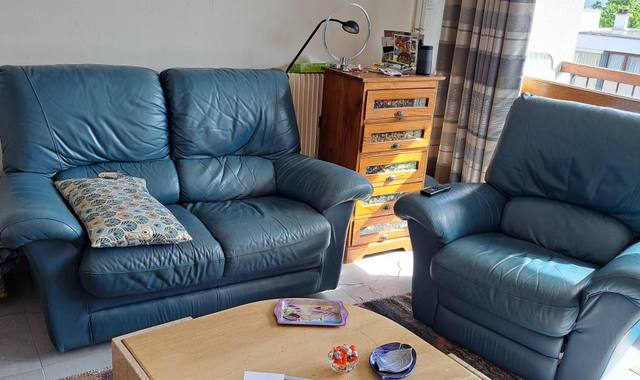 Meubles canapé  2 places et fauteuil cuir bleu petrole