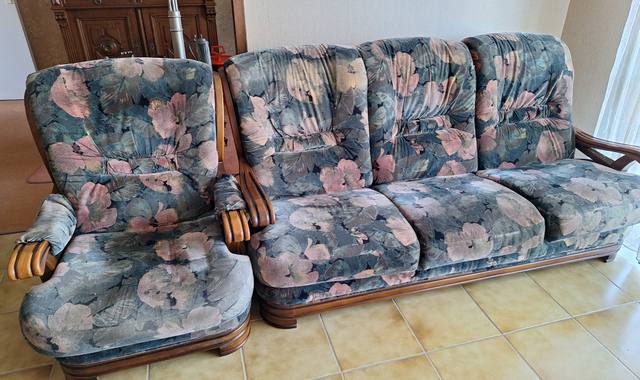 Mobilier canapé et 1 fauteuil bois et velours – usagé mais occasion