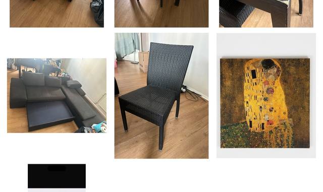 Mobilier canapé,  table et 6 chaises.  Étagère et gaziniere