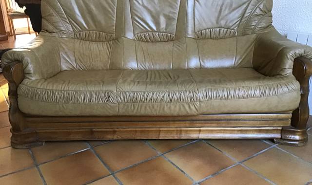 Mobilier canapé en cuir et bois marron