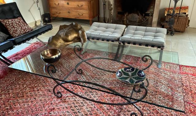 Mobilier table basse verre trempé et fer forgé