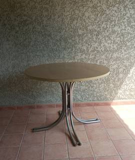 Meubles tABLE RONDE dessus bois clair diamètre 100cm piétement central tubes métalliques