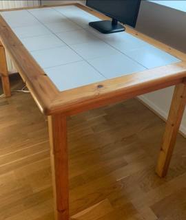 Meubles grande table en pin des Landes, carrelée blanc
