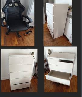Meubles commode blanche Très bon etat plus un fauteuil gaming.