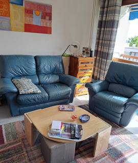 Meubles canapé  2 places et fauteuil cuir bleu petrole