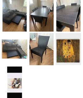 Mobilier canapé,  table et 6 chaises.  Étagère et gaziniere