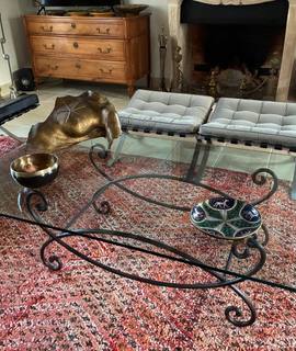 Mobilier table basse verre trempé et fer forgé
