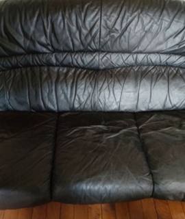 Mobilier canapé convertible+fauteuil+pouf cuir noir